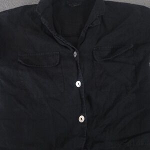 Tahari Shirt Women Small Black 100% Linen Short Sleeve Button Down High Low Hem